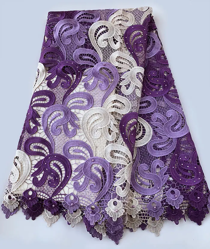 3 Мелодии очень мягкий Гипюр кружево аккуратные вышивка Африканский шнур Ткань 5 ярдов в штуке - Цвет: Purple Lilac Beige