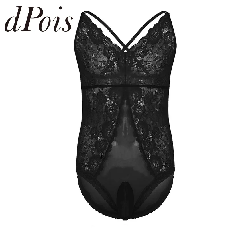 

Sexy Mens Sheer Crossdress Lingerie Adjustable Spaghetti Straps Floral Lace Sissy Pouch One-Piece Bodysuit Nightwear Sleepwear