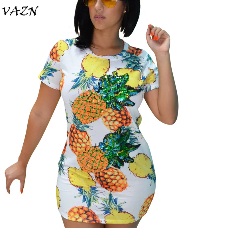 

VAZN 2018 Summer New Arrive Famous Brand Sexy and Beach Women Mini Dress Print Pineapple Short Sleeve Mini Dress H823
