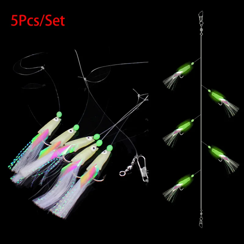 

5Pcs/Set Luminous Fishing Hook Treble Bait Wire 9g Luminous Fishing Hook High Carbon Steel Mackerel Feathers Bass Cod Lure