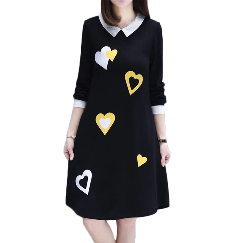 

Spring Autumn Women Vintage Dress Retro Long Sleeve Loose Short Dress Black Womens With Heart Print Plus Size Dresses 5XL F140