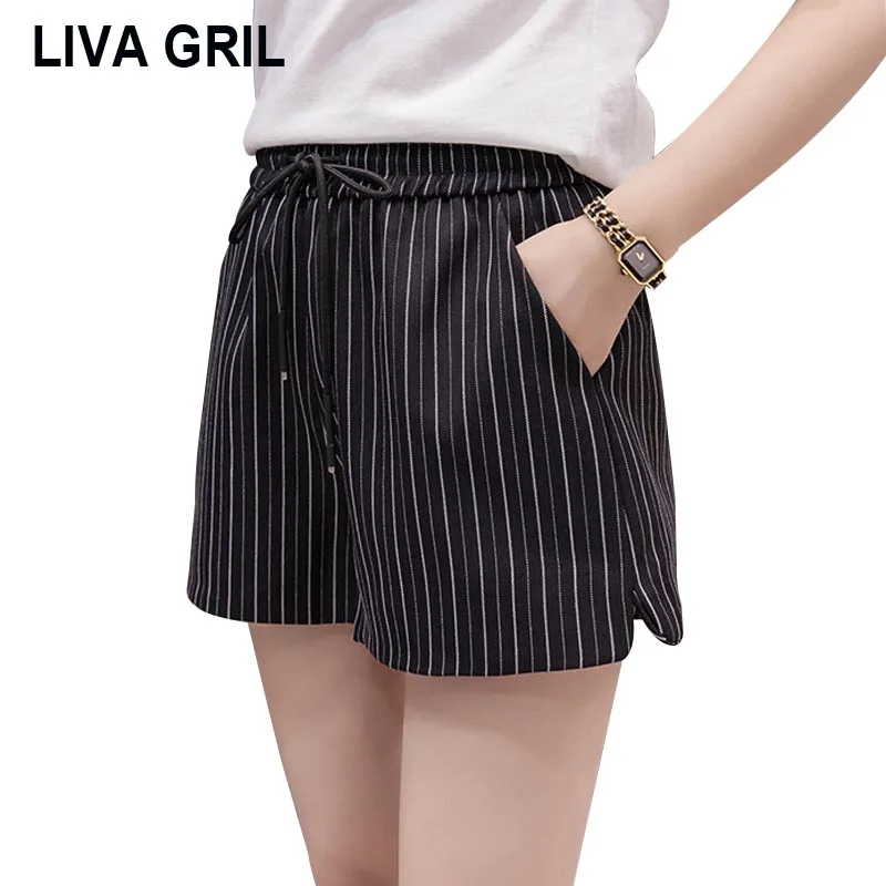 

LIVA Summer Korean Version Drawstring Stripes Wide Leg Shorts Women High Wasit Loose Casual Fashion Shorts Plus Size Women Cloth