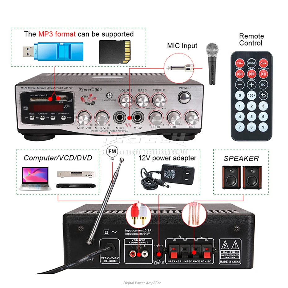 Автомобильный усилитель мощности Kinter-009 цифровой аудио плеер 2x30 Вт RMS HiFi стерео USB SD MP3 FM MIC1 MIC2 VOL тон караоке для эха времени