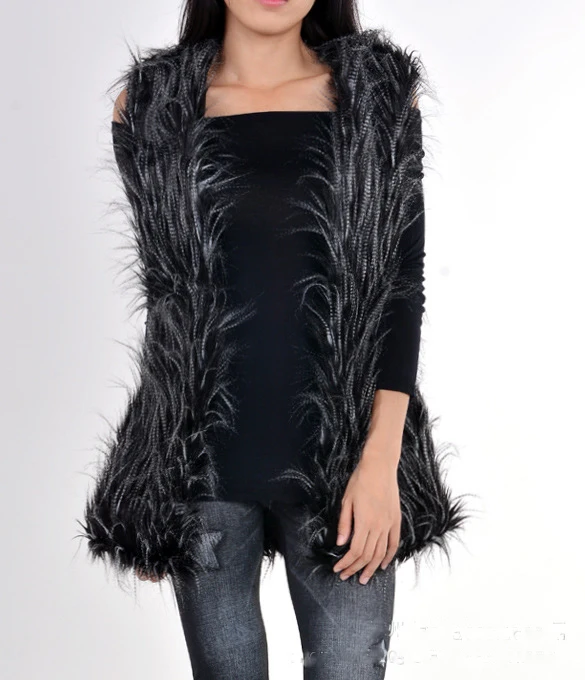 Woman Black Faux Peacock Feather Fur Vest Fashion Turkey Long Hair