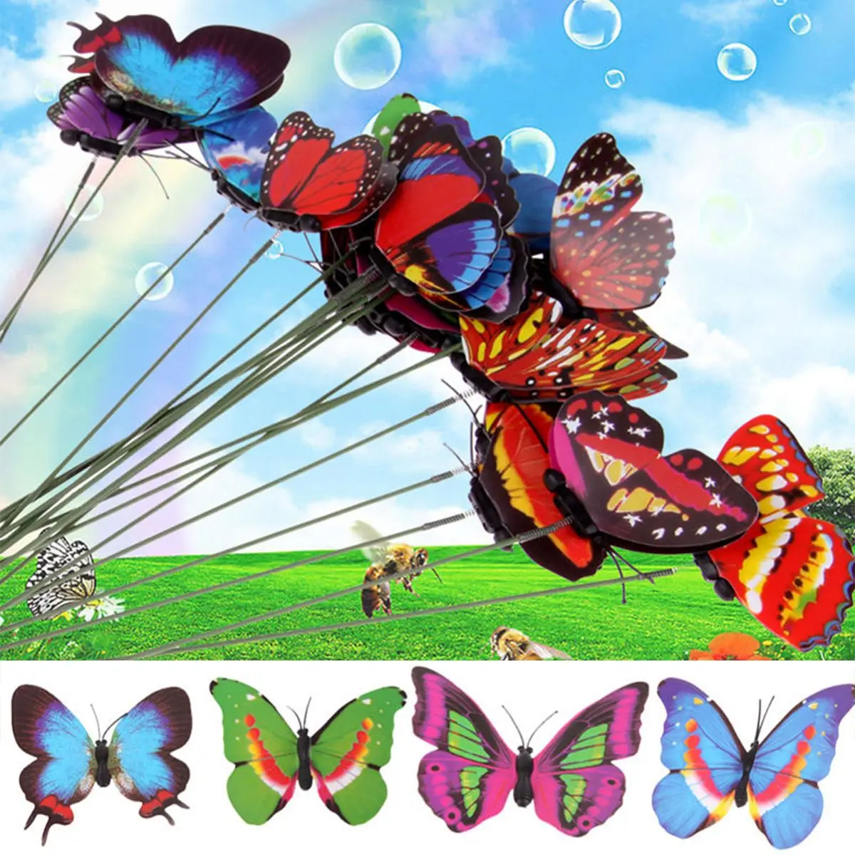 20pcs/pack 3D Colorful Butterfly Sticks Home Yard Lawn Flowerpot Plant Ornament DIY Lawn Decorative Craft