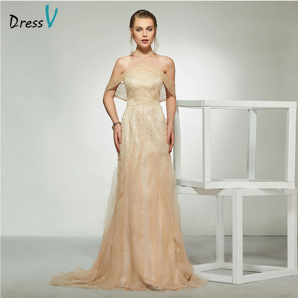 Элегантное свадебное платье Dressv с лямкой на шее обшитое бисером без рукавов в пол