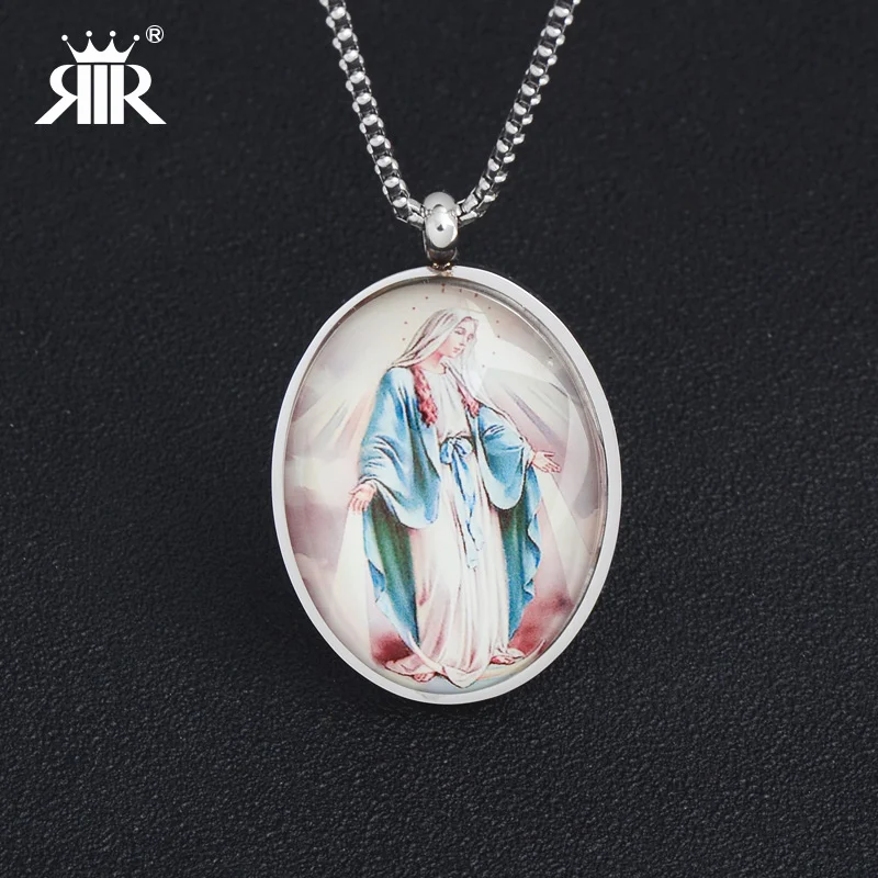 RIR Fashion Jewelry Virgin Mary Pendants Necklaces Stainless Steel Silver Color Mother of God Necklaces For