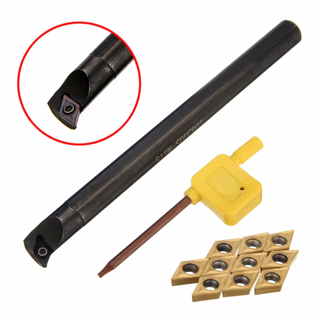 Stainless Steel S12M-SDUCR07 Lathe Inner Turning Tool Holder 150mm Length Boring Bar + 11pcs Gold DCMT0702 Carbide Inserts