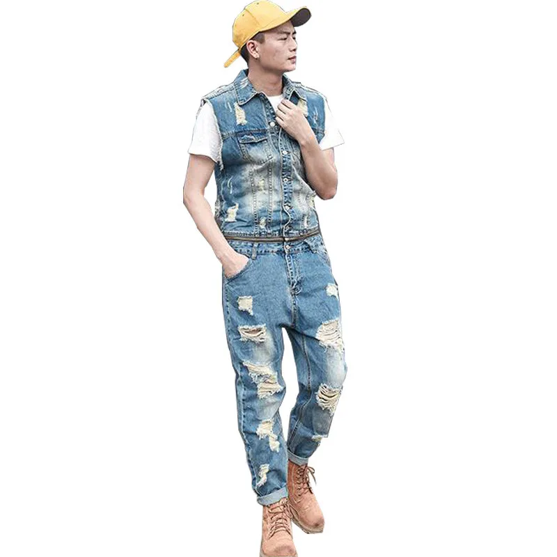 

MORUANCLE Fashion Men's Ripped Jeans Overalls Distressed Denim Jumpsuits Worksuits For Man Detachable