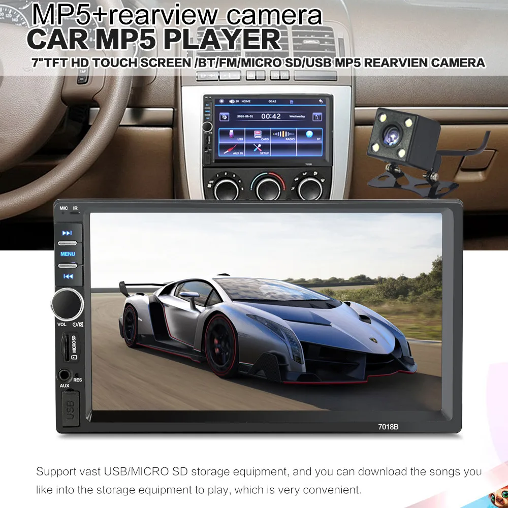 

7 Inch 2 Din Bluetooth Car MP5 MP4 MP3 Audio Stereo Video Player In LCD Touch Screen+Rear View Camera+Car Anti-slip Phone Holder