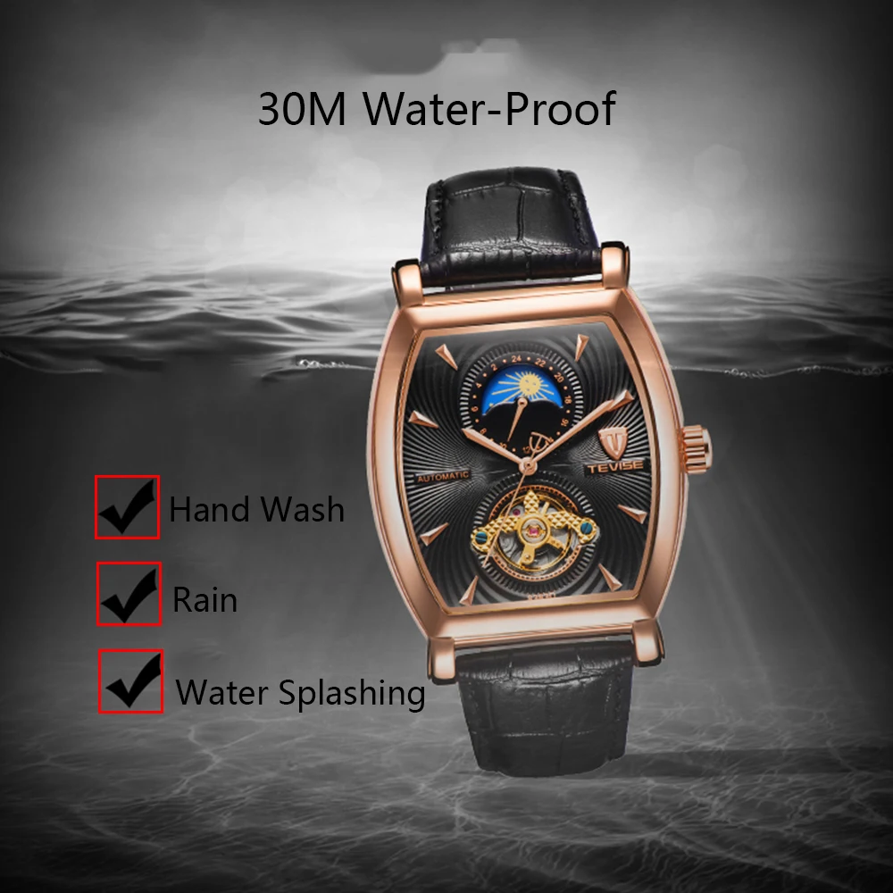 TEVISE Mens Watches Tonneau Moon Phase Automatic Watch Waterproof Self-Wind Mechanical Wristwatches Leather Strap + Box 8383D (14)