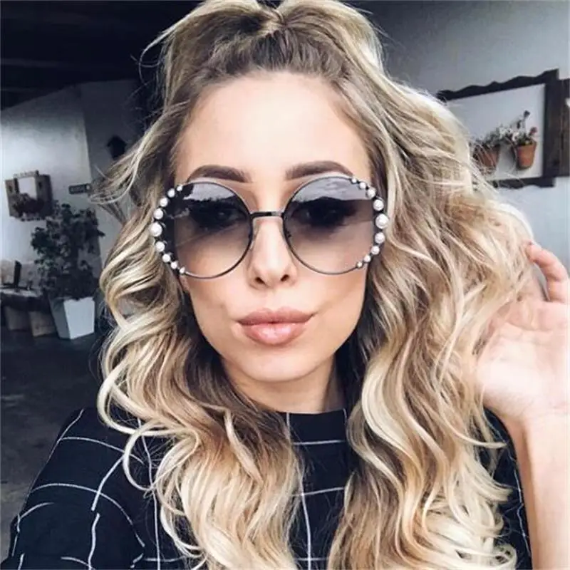 

Black Round pearl sunglasses luxury brand shades for women oversized sun glasses female classic metal frame high quality eyewear