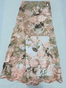 

French Lace Fabrics Peach Gold High Quality African Net Lace With 3 d flowers Nigeria Tulle Mesh Sequins Wedding Dress