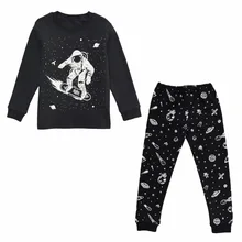 BINIDUCKLING/ осенний пижамный комплект для мальчиков, черный комплект одежды для сна с рисунком космоса, хлопковая футболка с длинными рукавами+ штаны, домашняя одежда