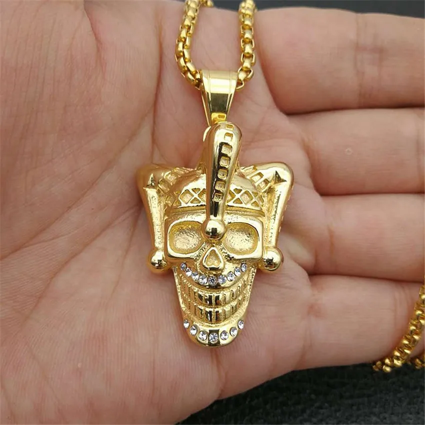 

Hip Hop Clown Skull Pendants Necklaces For Men/Women Gold Color Stainless Steel Chain Rhinestone Necklace Male Jewelry Gift