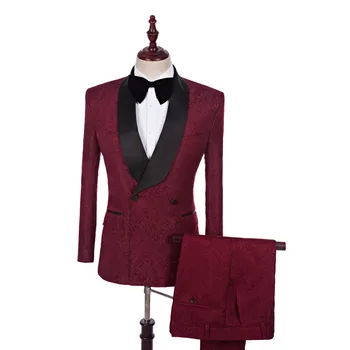 

Men's suit fashion double-breasted wine red suit two-piece suit (jacket + pants) business casual suit wedding banquet dress