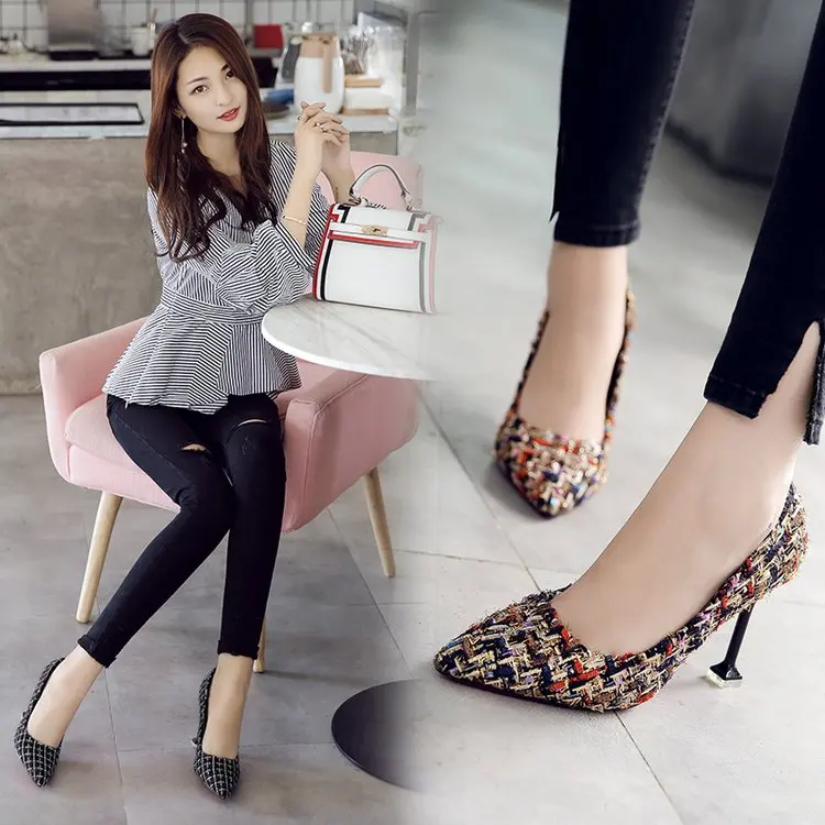

2019 spring and autumn new Korean version of pointed high heels sexy fine with color matching single shoes cat shoes women