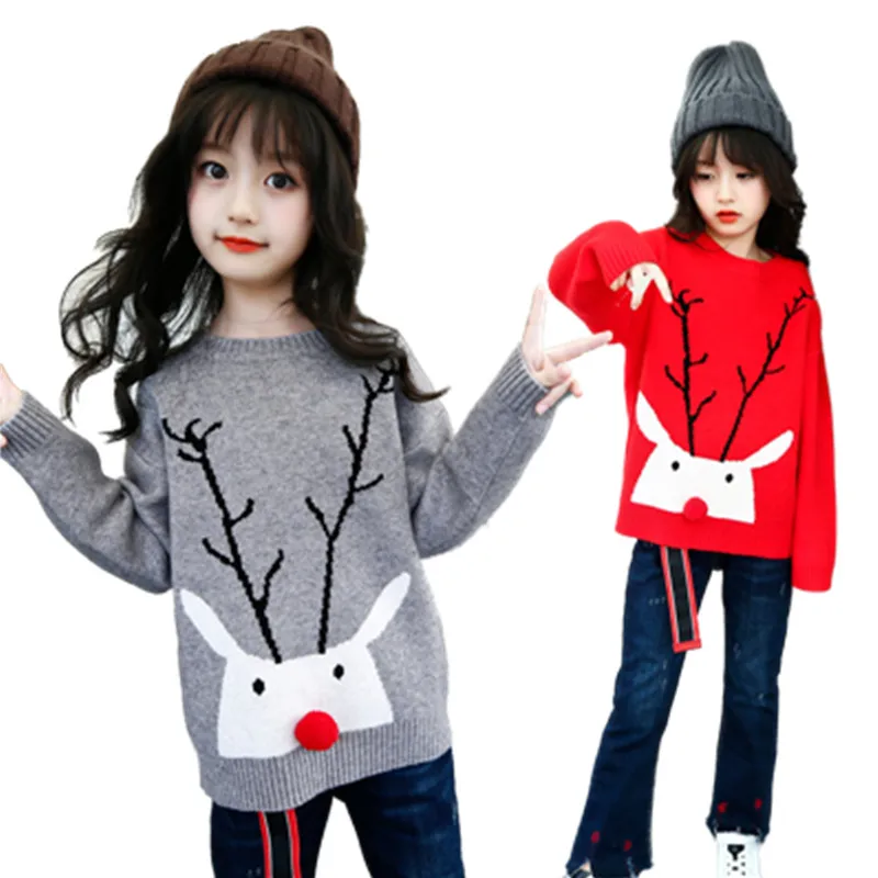

New Winter Girls Sweater Christmas Style Clothes Cotton Knitted Sweater For Girl Kids Tops Outwear 3-12 Years Girls Clothing