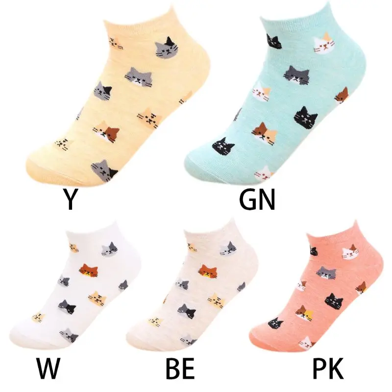Короткие хлопковые носки-башмачки с отделкой в рубчик для женщин и девочек милые повседневные чулочно-носочные изделия ярких цветов с изображением головы кота из мультфильма, 5 цветов