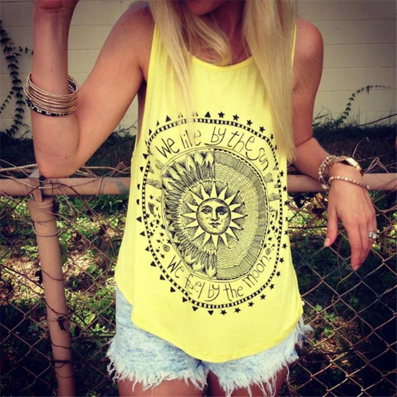 

Harajuku Women Stylish Sun Letters Circle Printed Tank Top Casual Cotton Fitness Tops IK88