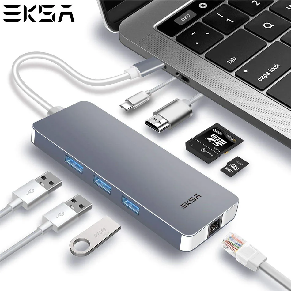 

EKSA USB C HUB 3 USB 3.0 HUB HDMI RJ45 PD Adapter SD/TF Card Reader Adapter for MacBook Samsung S9/S8 Huawei P20 Pro USB C HUB