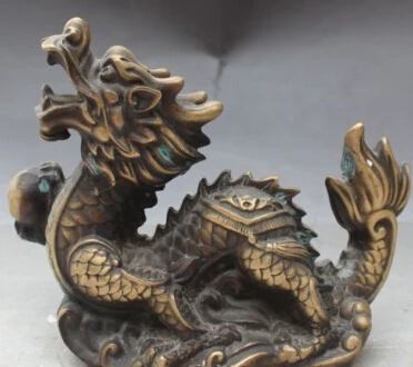 

JP S0009 8" Old Chinese Bronze Fengshui Folk Zodiac Year Dragon Play Bead Ball Statue