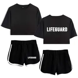 Новая популярная летняя сексуальная модная футболка Lifeguard с принтом, женская тонкая футболка + шорты, комбинированная футболка из двух