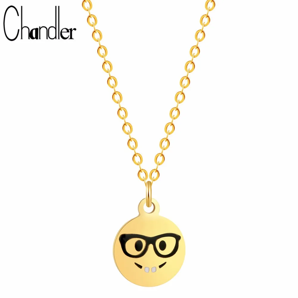 

Chandler Smile Face With Glasses Cartoon Emoji Expression Pendant Necklaces For Women Long Link Chain Bib Homme Femme Bijoux