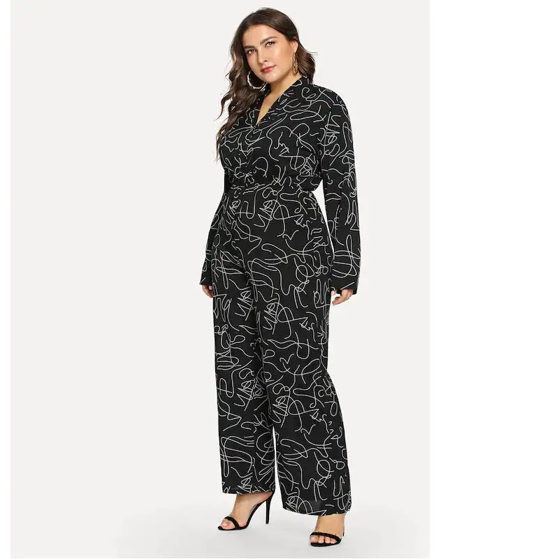 2019 الربيع الصيف المرأة زائد حجم 4XL حللا الأوروبية نمط حامل طوق Playsuits سليم طباعة أكمام طويلة للسيدات داخلية