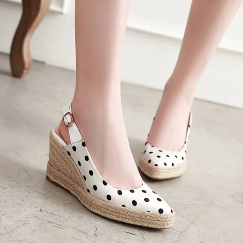 

New Arrive Polka Dot Slingback Shoes Women High Heels Fashion Handmade Summer Shoes For Women Wedge Shoes Casual
