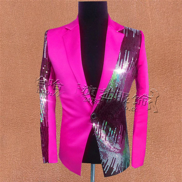 Free ship mens stage performance hot pink/yellow sequined tuxedo jacket