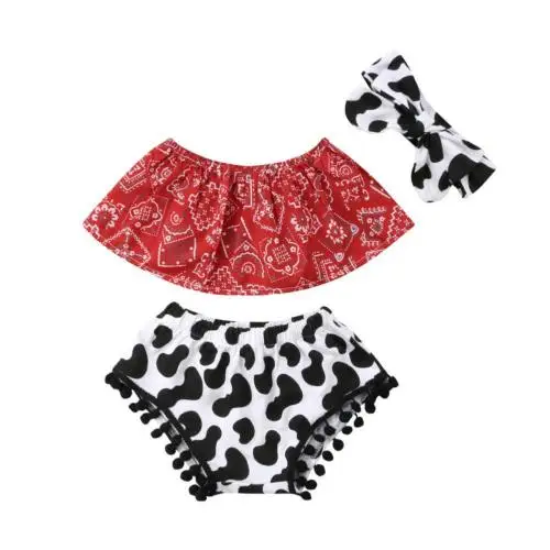 2018 г., Модный хлопковый комплект одежды для новорожденных девочек, футболка с открытыми плечами + шорты, штаны комплект из 3 предметов для
