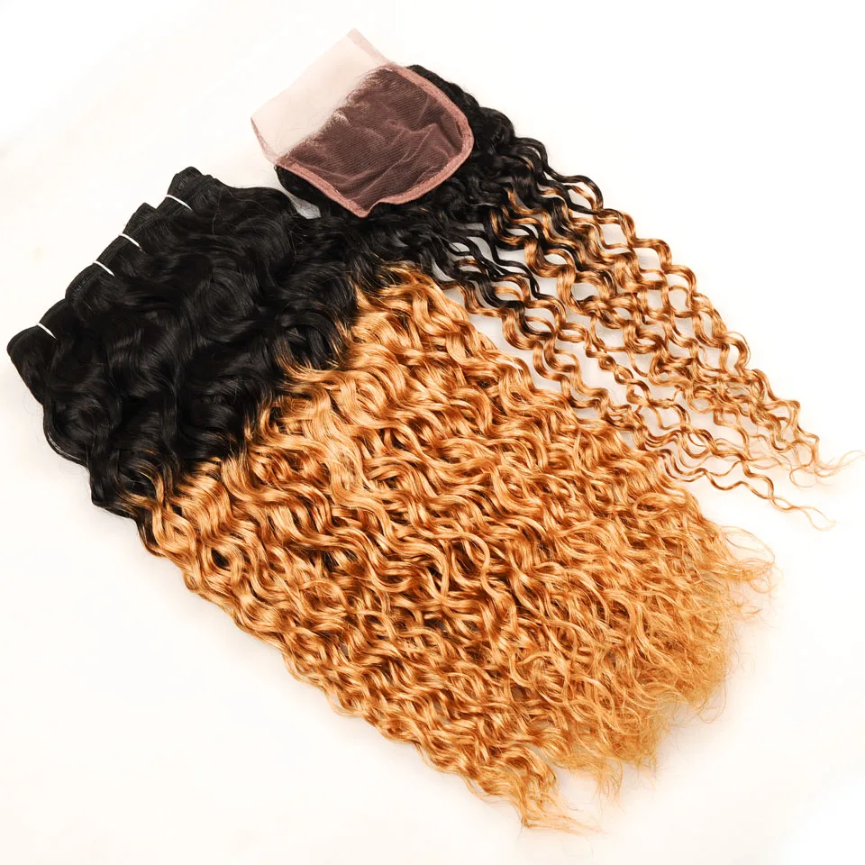 Pinshair Pre-Colored Water Wave Malaysian Hair Ombre 3 Bundles With Closure 1B 27 Blonde Human Hair Weave With Closure Non Remy (54)