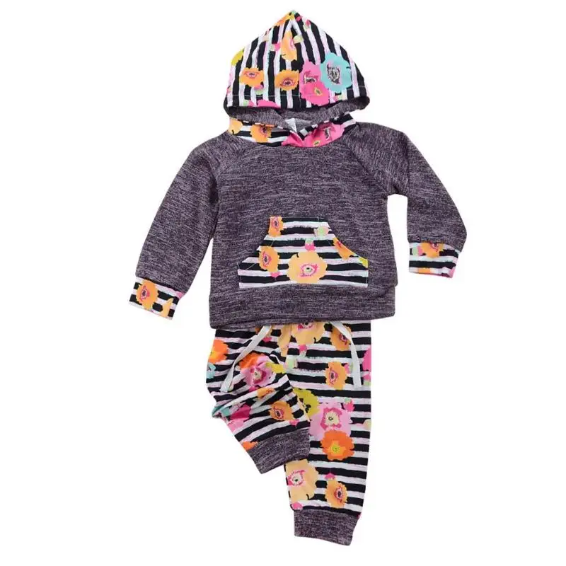 

2pcs Floral Baby Girl Clothes Set Hooded Sweatshirt + Striped Flower Pants