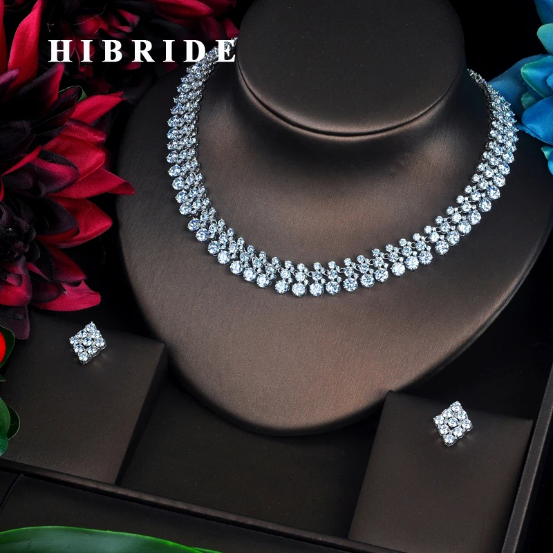 HIBRIDE New Design Clear Round Cut Sparkling Cubic Zirconia Women Jewelry Sets Wedding Bride Dress Accessories N-363