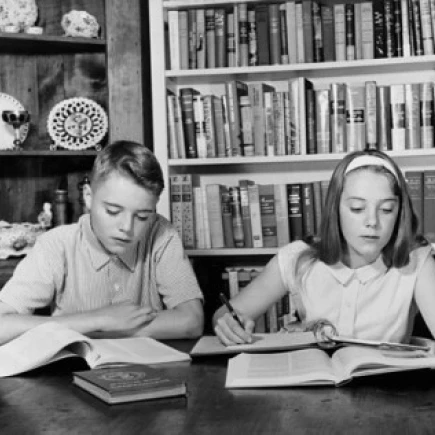 Teenage boy and teenage girl studying at a table Poster Print (24 x 36)