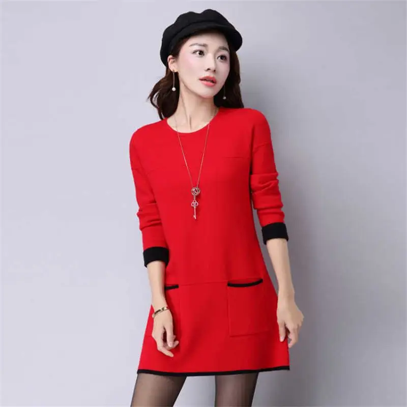 

Women Fashion Autumn Winter O Neck Sweater Dresses Female Pockets Plus Size 3XL Oversize Long Sleeve Pullover Knitwear Dress F67
