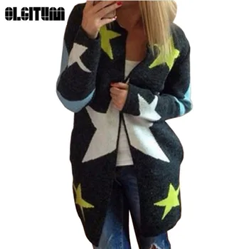 

Sweater Women Long Cardigans Sweaters Women Long knitted Sweater Stars Pattern Print Loose Warm Long Sleeve Warm Outwear SW155