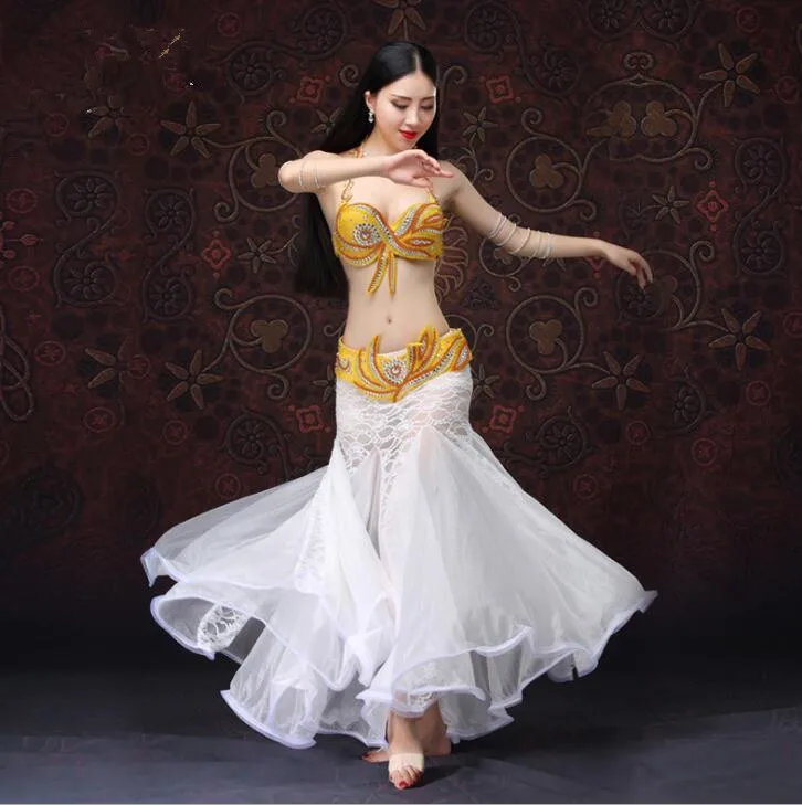 

Luxury 3 Piece Set(Bra Belt Skirt) Women Belly Dance Costume Handmade Beaded Oriental Dance Stage Show Wear Lace Skirt Gold Red