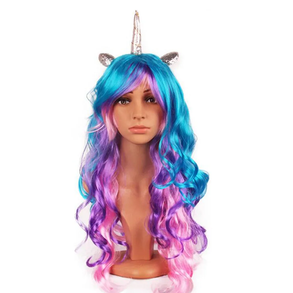 Women Unicorn Horn Long Curly Wavy Hair Wigs For Hallowmas Party Costume