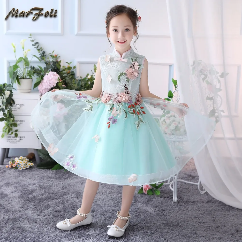 Marfoli fancy cute green flower Girl dresses Big Baby Tulle Floral Lace
