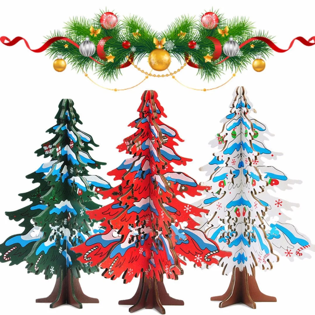 DIY 16.5cm Wooden Christmas Tree Festival Party Ornaments Xmas Table Desk Decor 3D
