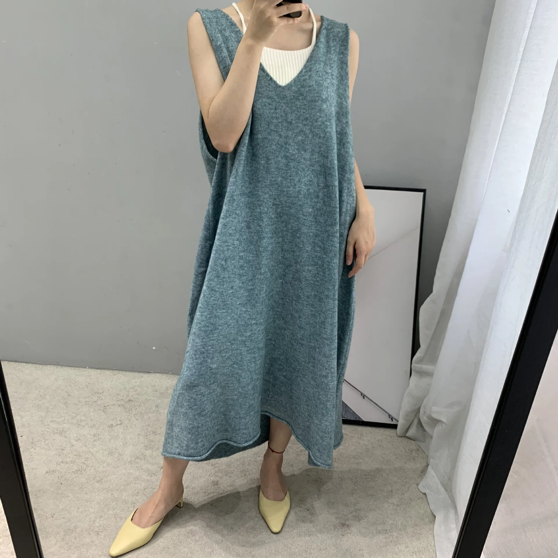 Fog blue Вязаный джемпер платье женский черный Jurken зимний теплый сарафан без рукавов хлопковый Халат Longue Femme свитер с v-образным вырезом платья - Цвет: Fog blue