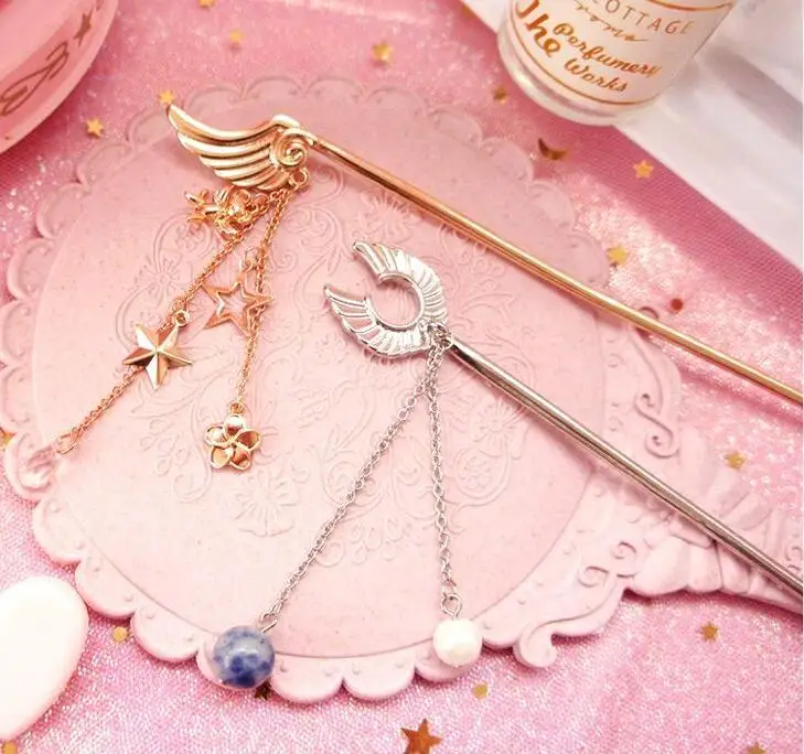 Карта Captor Cardcaptor SAKURA Косплей палочки для волос шпильки звезда золото серебро ювелирные изделия с кистями аксессуары для женщин девушки ювелирные изделия