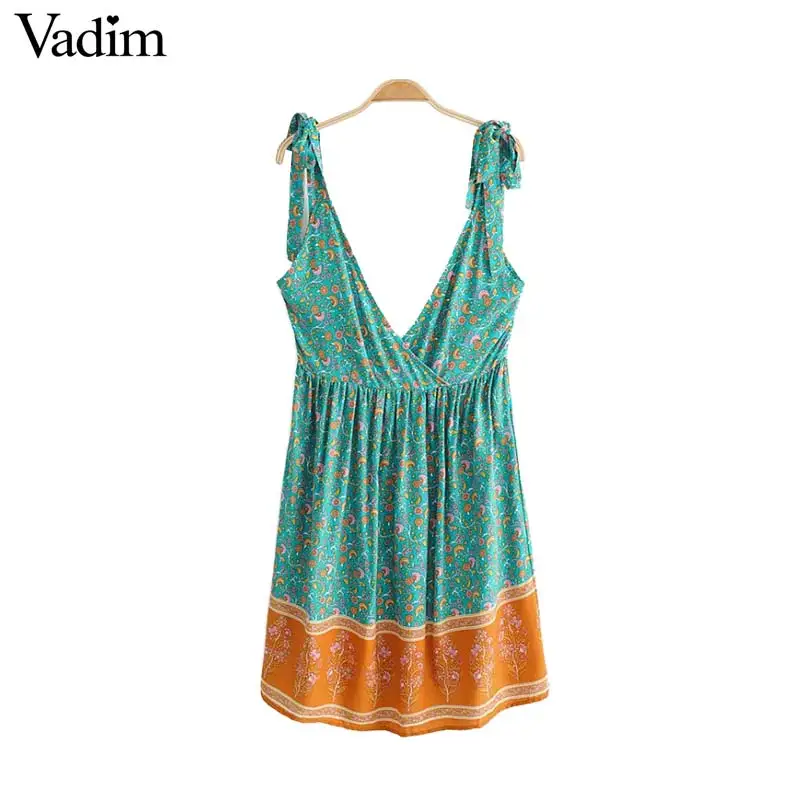 

Vadim women Sexy V neck sleeveless dress bow tie adjustable strap backless female mini dresses back zipper casual vestidos QB343