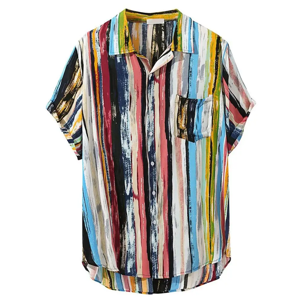 

Men Summer Beach Multi Color Striped Pocket Short Sleeve Round Hem Casual Loose Shirts Blouse Cotton Button Down Shirt Plus Size