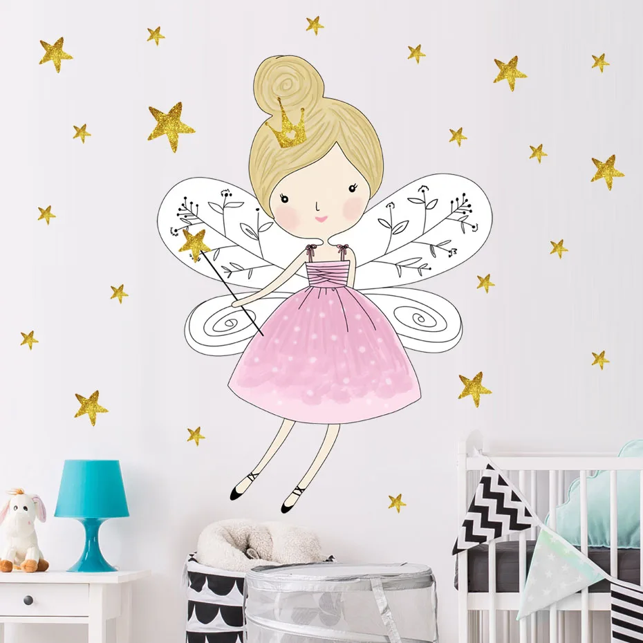 44pcs Stars Wall Sticker Cartoon Fairy Girl Decals Nordic Home Decorative Art Magic Princess Funny Murals For Girls Kids Room  (2)