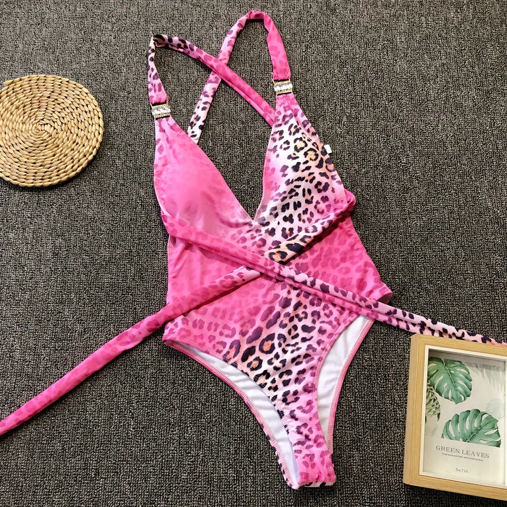

2019 Women Sexy V-Neck Push Up Bandage Pink Leopard Printed Crystal One Piece Swimsuits Backless Monokini Hot Bathing Suits