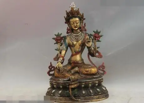 

S6182 Tibet Temple Copper Bronze Color Painted Green Tara Bodhisattva Kwan-yin Statue