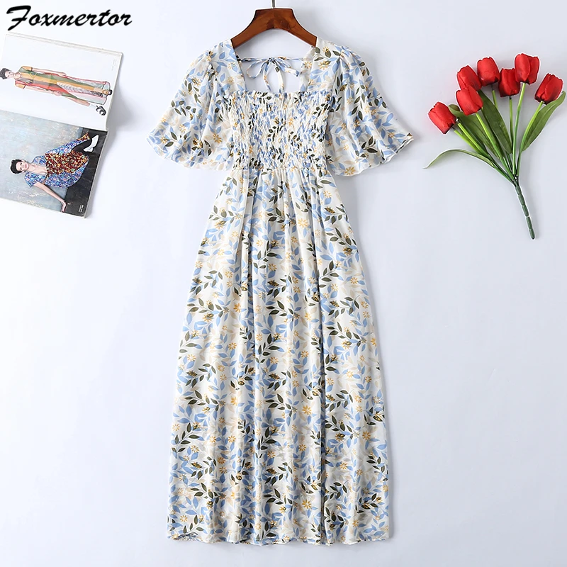 

5 Colors Fashion Bohemian Dress Beautiful New Summer Women Floral Print Long Chiffon Dress Female Short Sleeve Pleated Vestidos